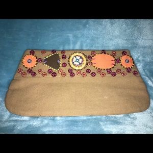 CHAN LUU Tan Clutch w/ Embroidery & Button Detail